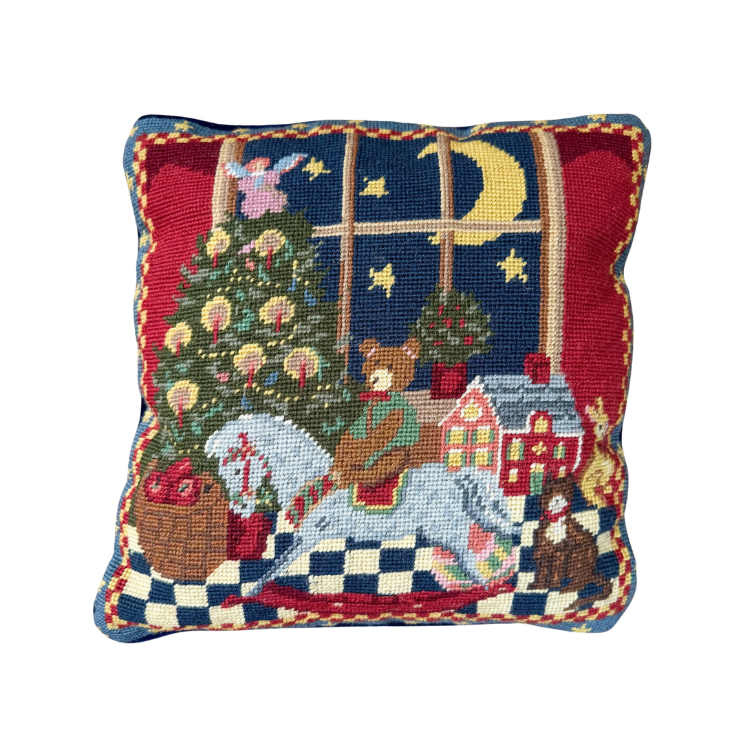 Vintage Christmas Tree & Toys Needlepoint Pillow