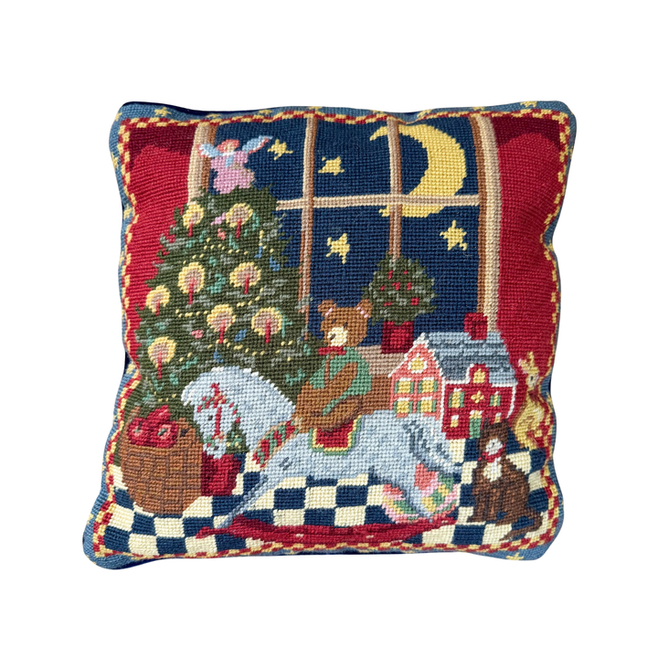 Vintage Christmas Tree & Toys Needlepoint Pillow