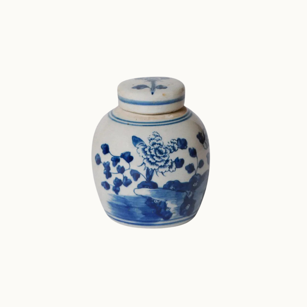 Mini Blue and White Peony Floral Ginger Jar