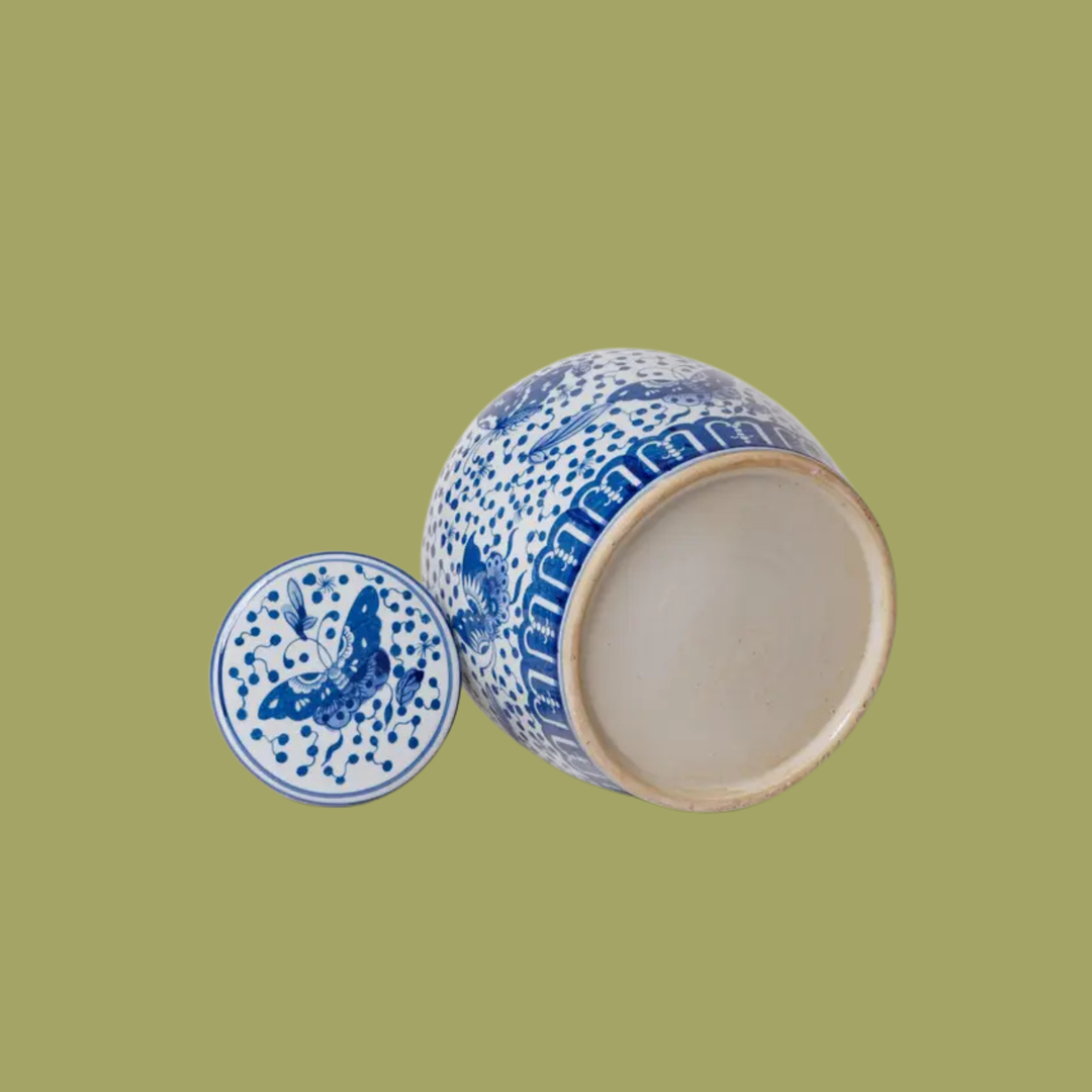 Blue and White Polka Dots Butterfly Ginger Jar