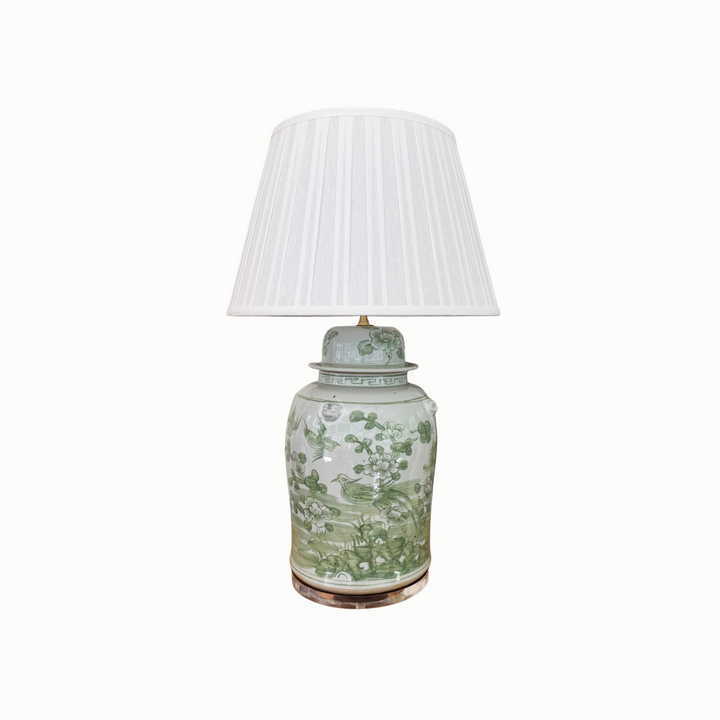Green and White Floral Temple Jar Lamp