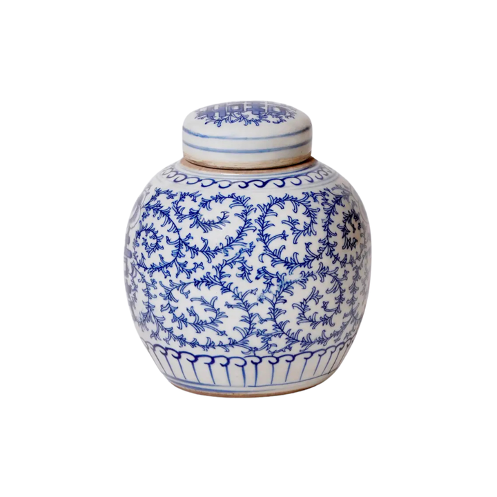 Blue and White Scrolling Peony Happiness Jar