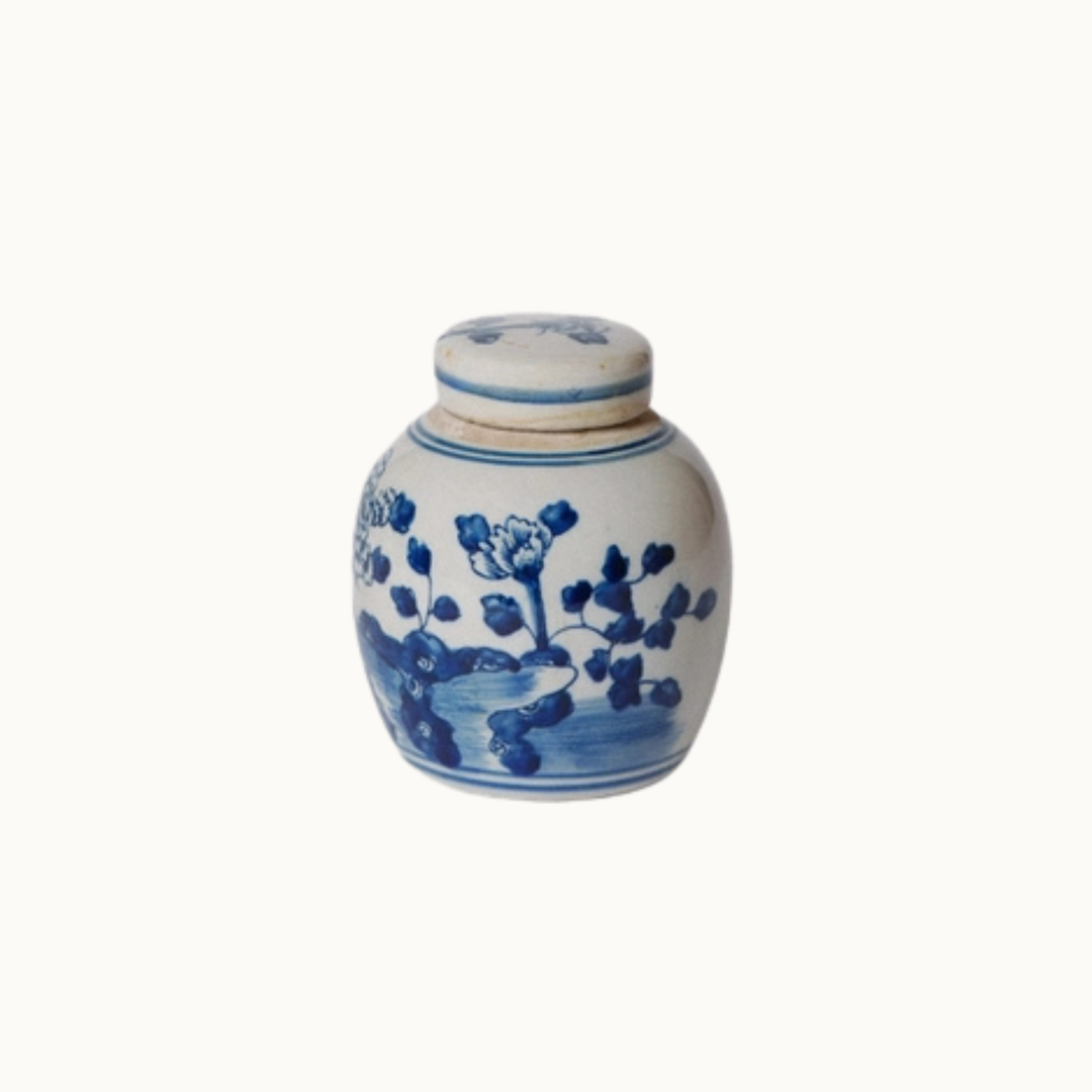 Mini Blue and White Peony Floral Ginger Jar