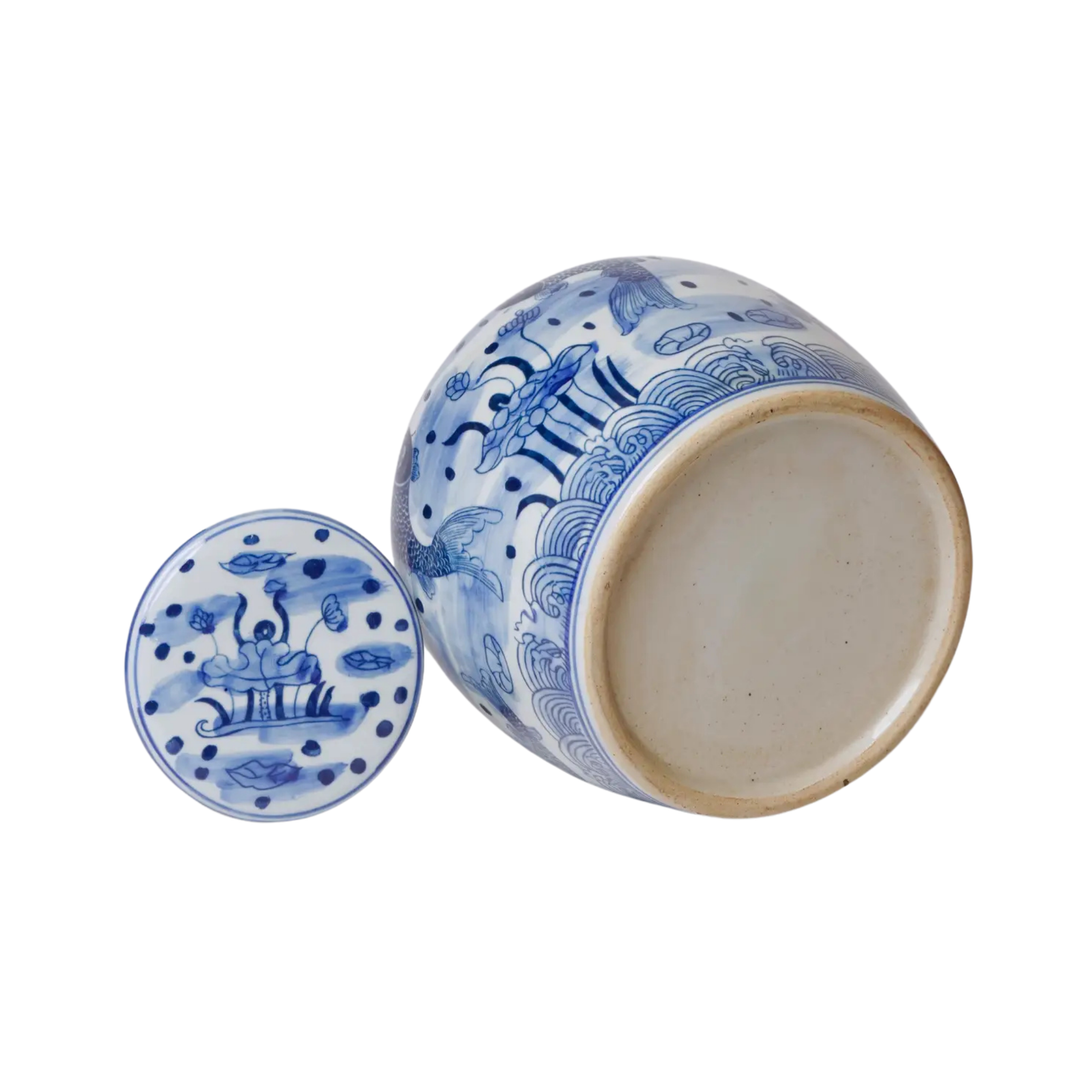 Blue and White Fish and Lotus Ginger Jar