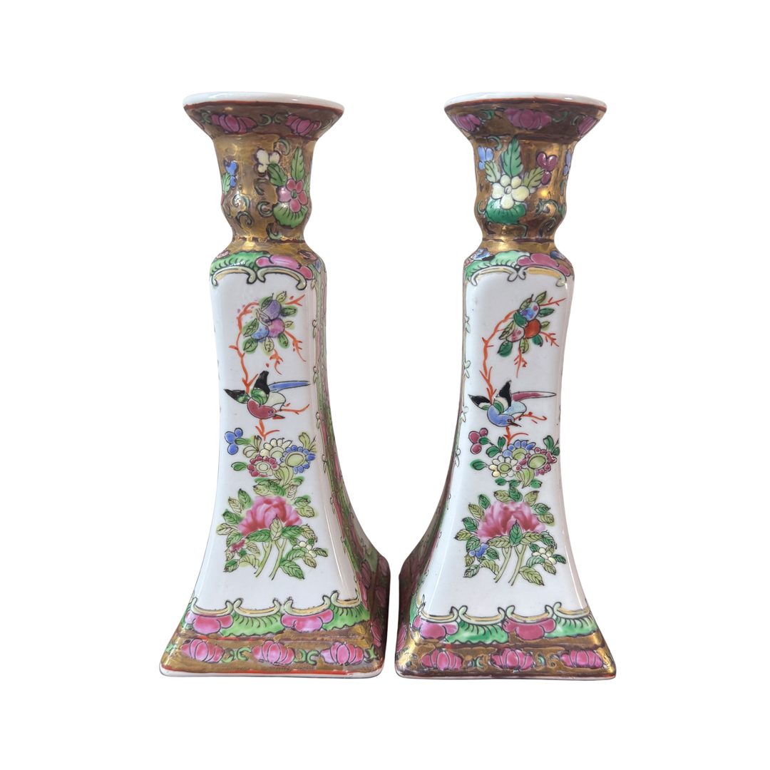 Vintage Pair of Rose Canton Candlestick Holders
