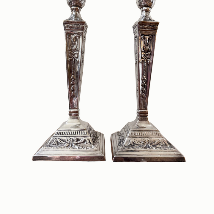 Silver-Plate Candlesticks with Bows and Swags
