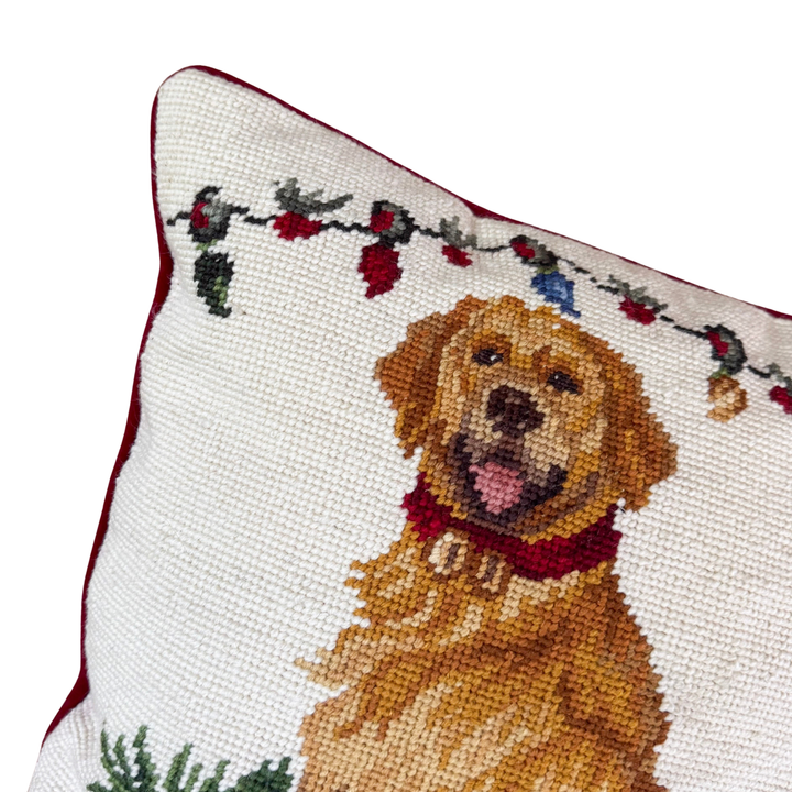 Vintage Golden Retriever Christmas Needlepoint Pillow