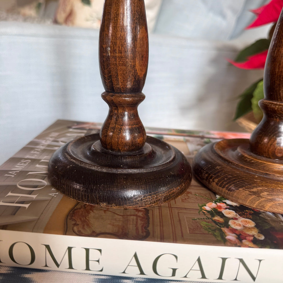 Pair of Antique English Oak and Brass Candlesticks
