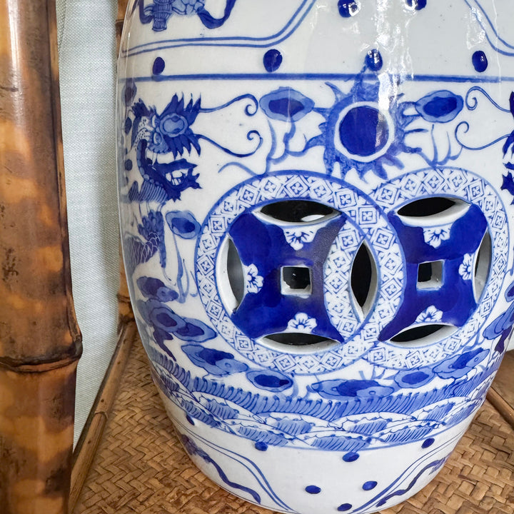Petite Blue and White Chinoiserie Dragon Garden Stool