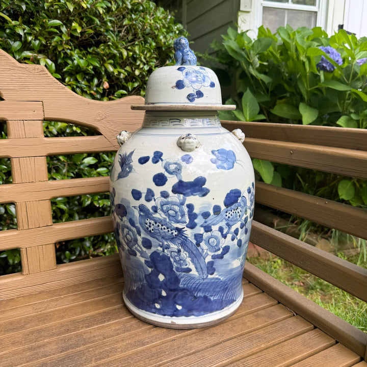 Large Classic Blue and White Floral and Bird Temple Jar