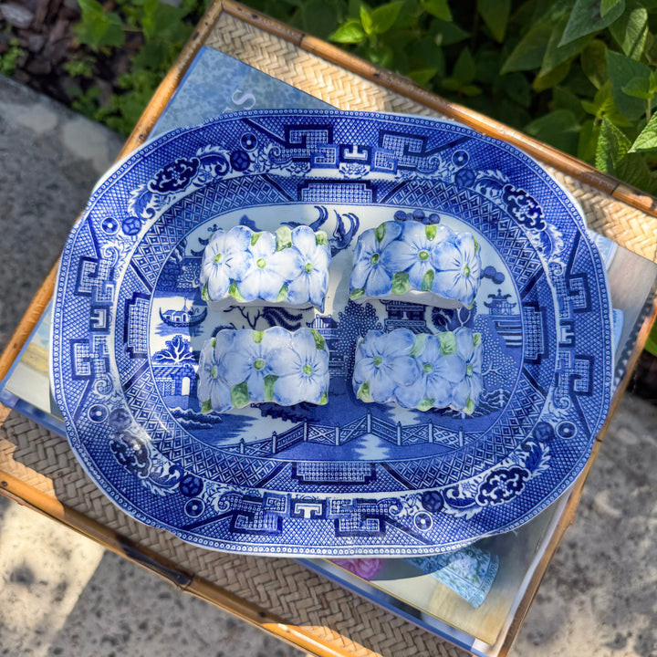 Set of Four Vintage Blue Hydrangea Napkin Ring Holders