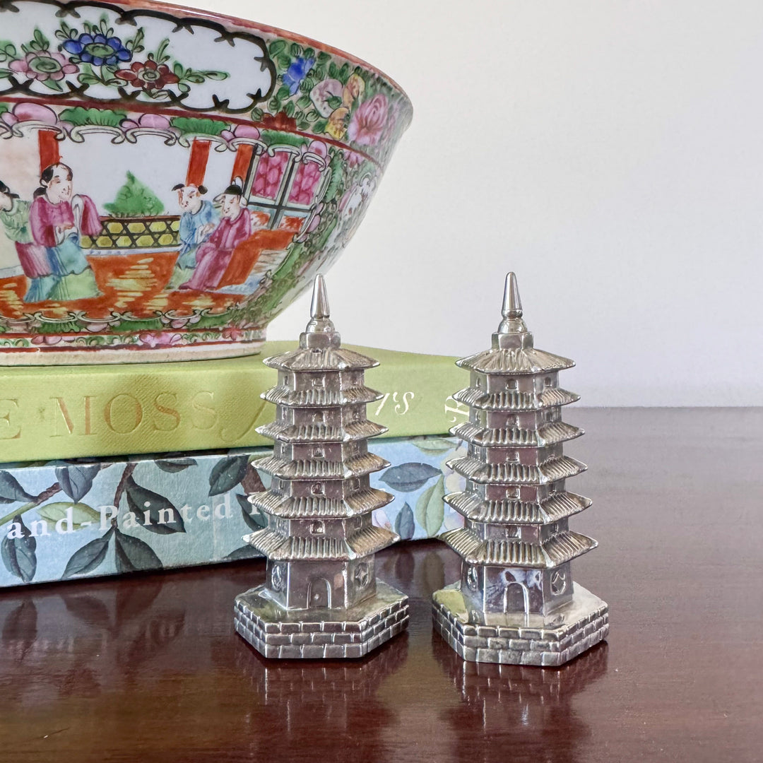 Pair of Vintage Godinger Silverplate Chinoiserie Pagoda Salt and Pepper Shakers