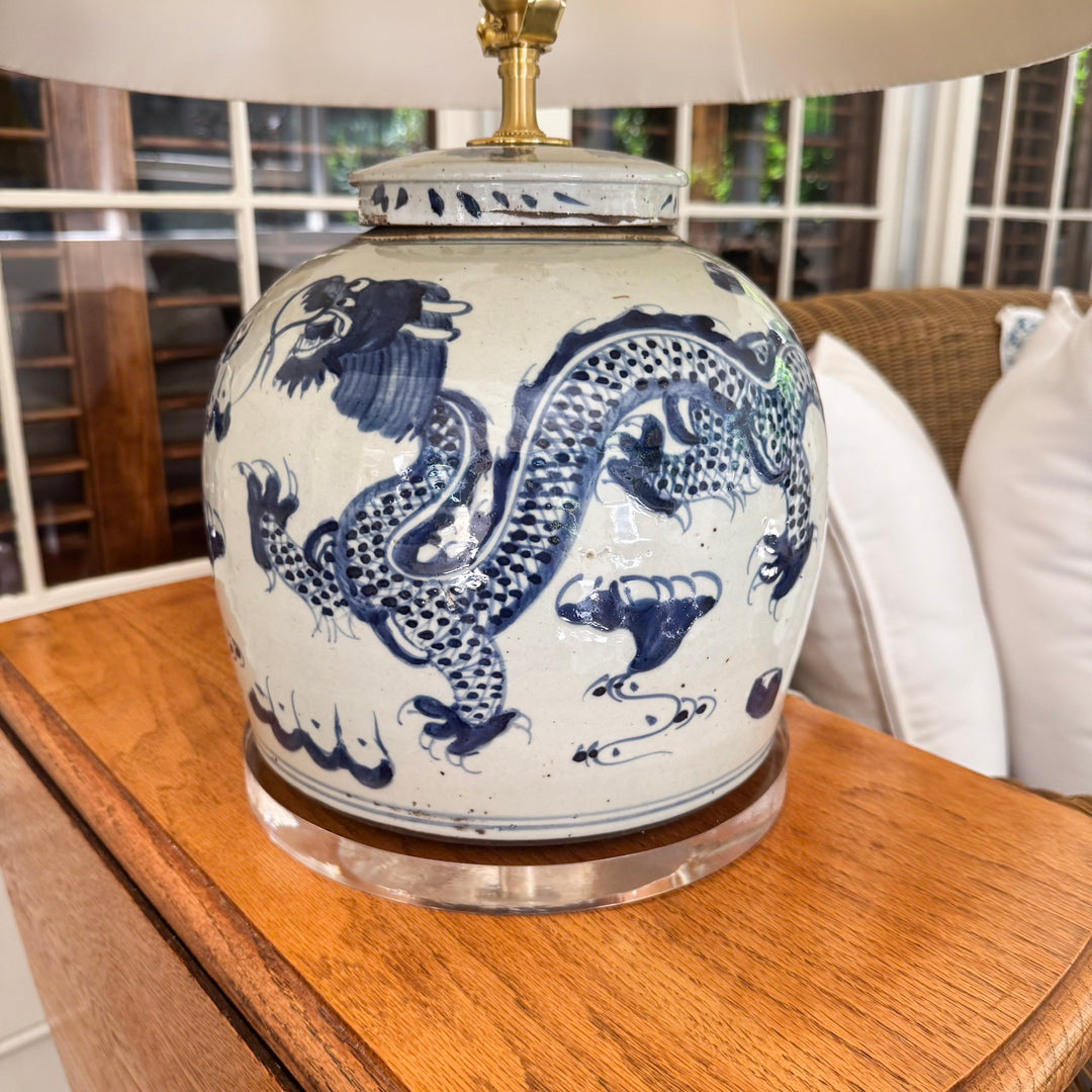 The June Lamp - Blue and White Dragon Ginger Jar Lamp