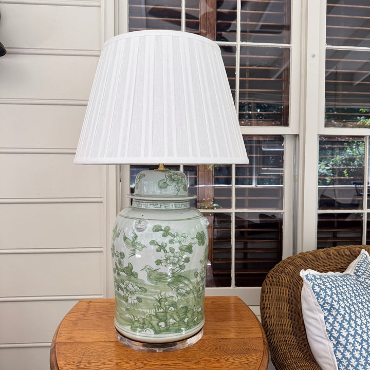 Green and White Floral Temple Jar Lamp