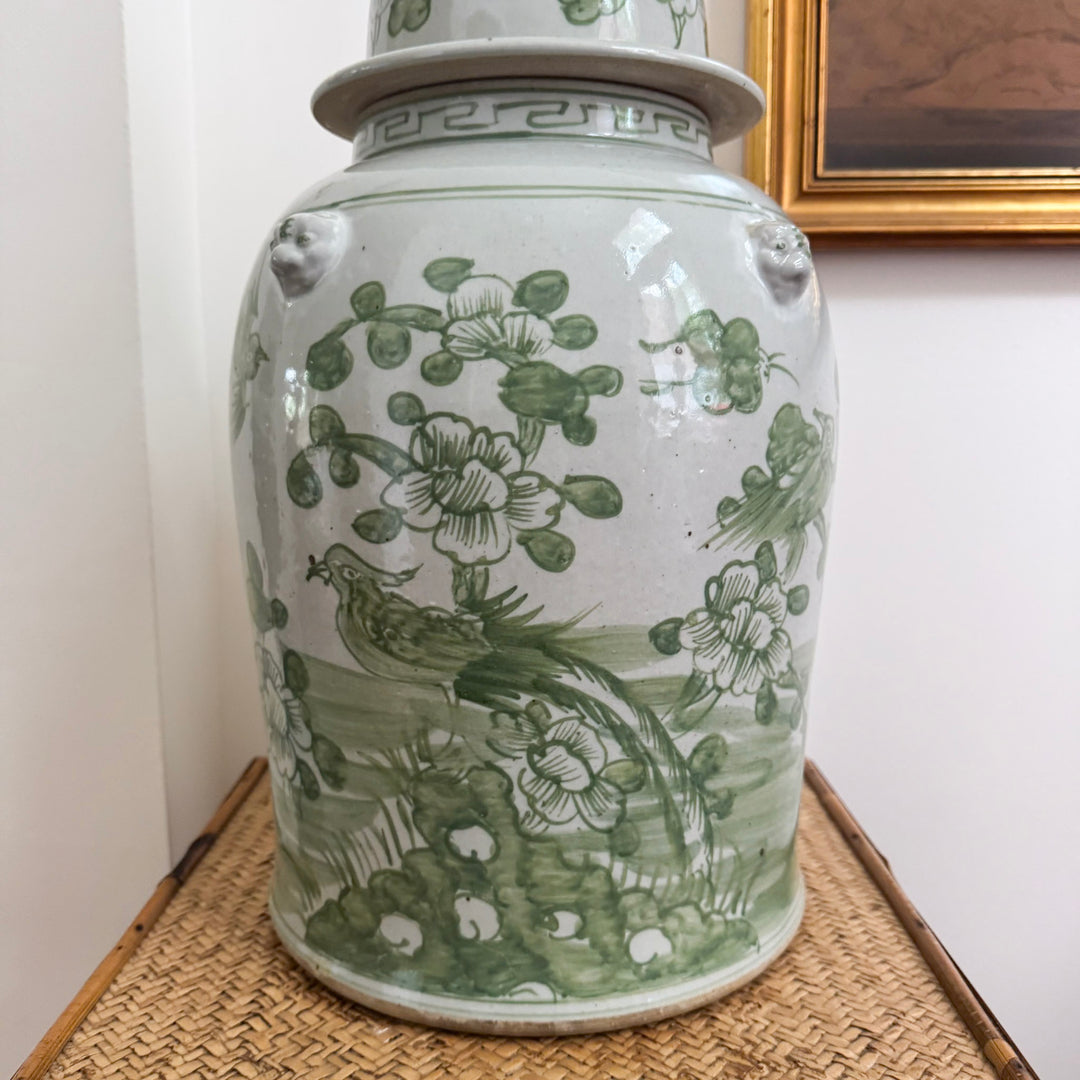 Green and White Porcelain Floral Temple Jar