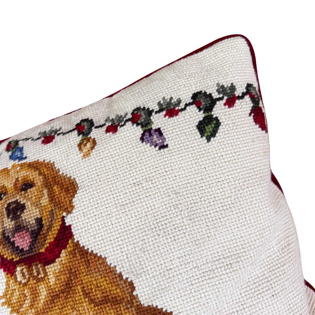 Vintage Golden Retriever Christmas Needlepoint Pillow