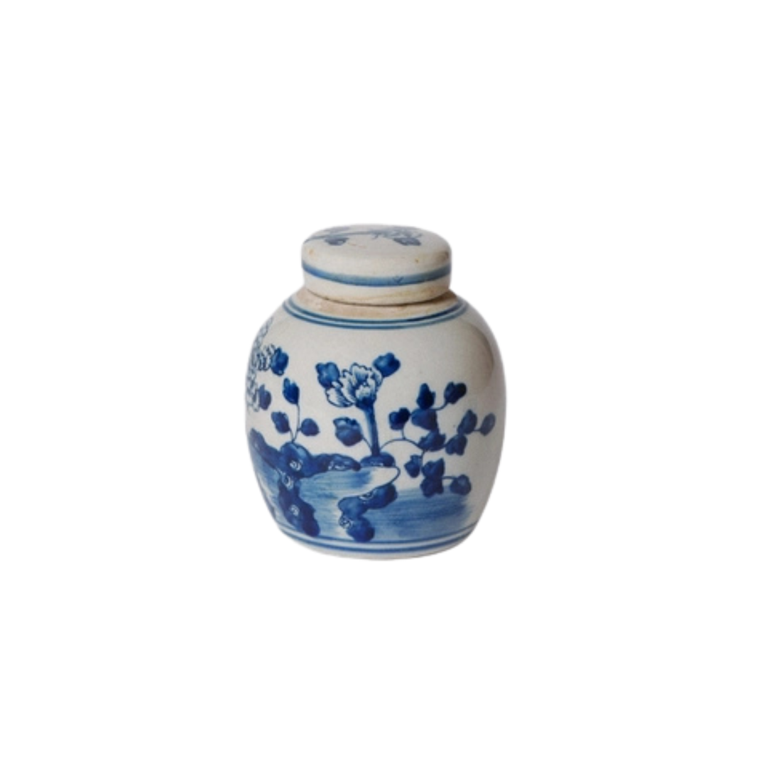Mini Blue and White Peony Floral Ginger Jar
