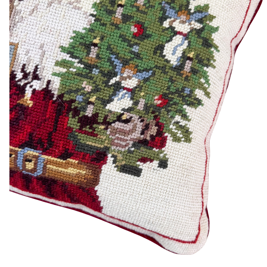 Vintage Santa and Christmas Tree Needlepoint Pillow