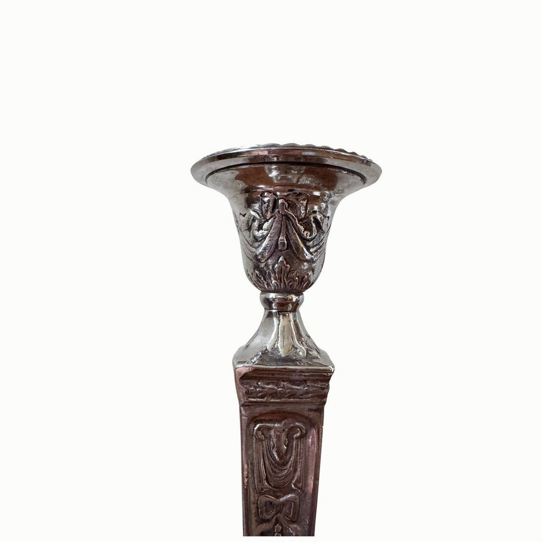 Silver-Plate Candlesticks with Bows and Swags