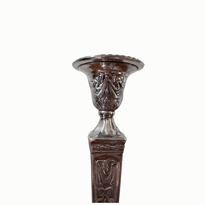 Silver-Plate Candlesticks with Bows and Swags