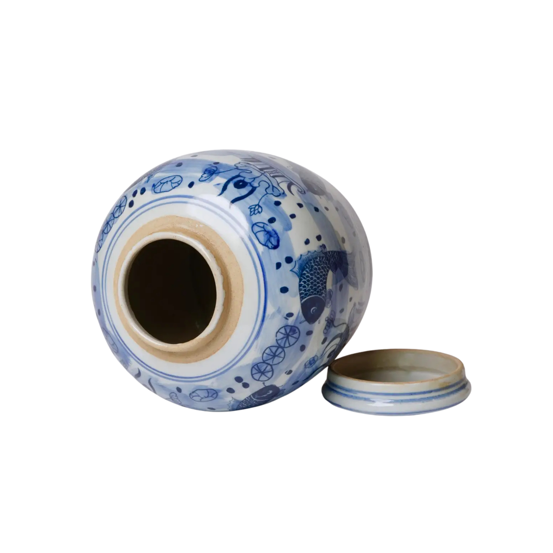 Blue and White Fish and Lotus Ginger Jar