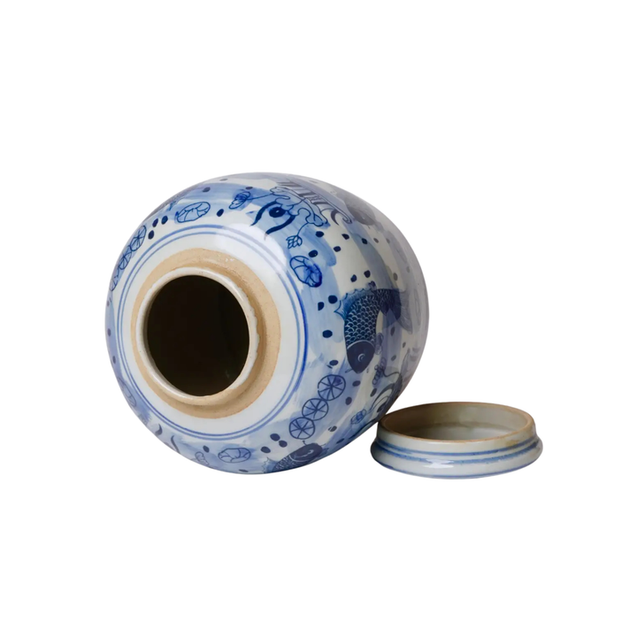 Blue and White Fish and Lotus Ginger Jar