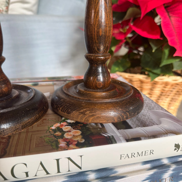 Pair of Antique English Oak and Brass Candlesticks