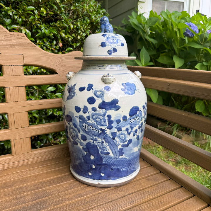 Large Classic Blue and White Floral and Bird Temple Jar