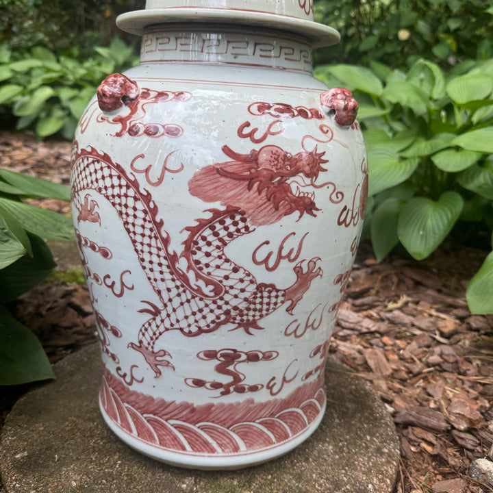 Red and White Dragon Motif Temple Jar