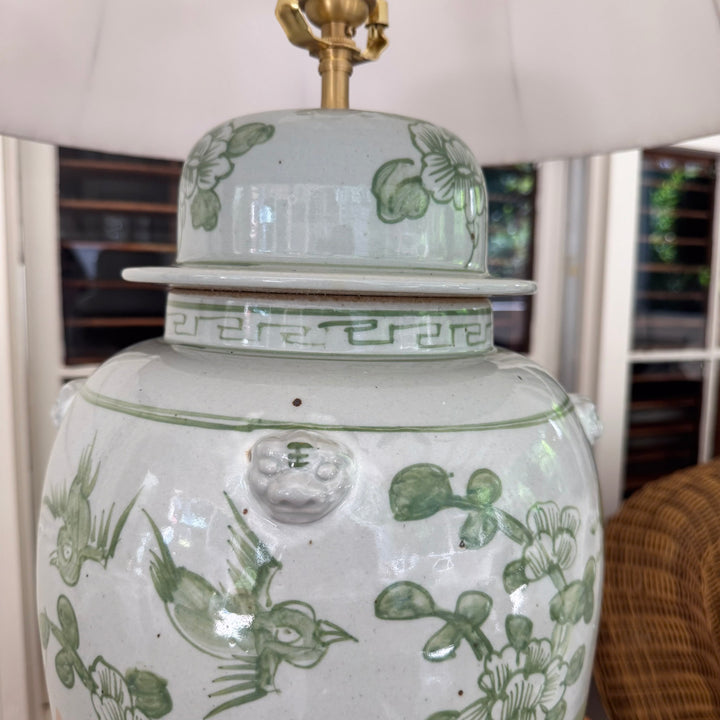 Green and White Floral Temple Jar Lamp