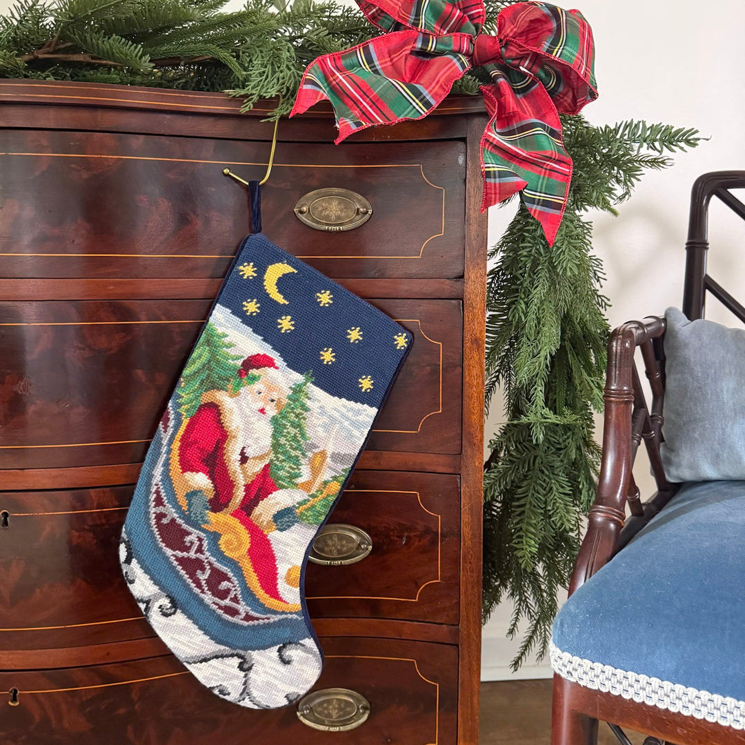 Vintage Santa and Sleigh Christmas Needlepoint Stocking