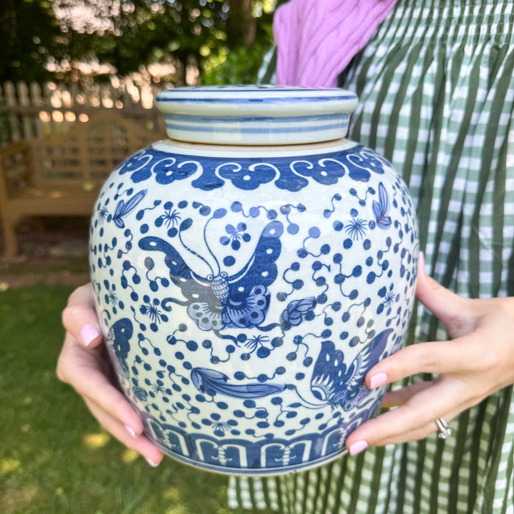 Blue and White Polka Dots Butterfly Ginger Jar