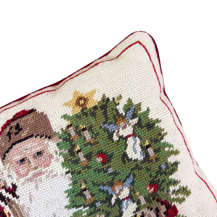 Vintage Santa and Christmas Tree Needlepoint Pillow