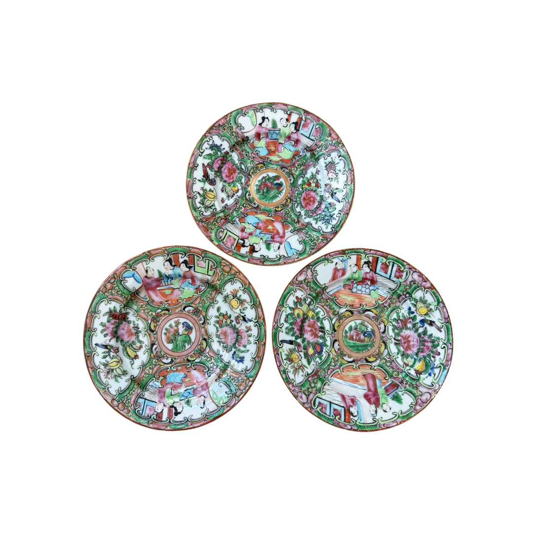 Set of Three Antique Rose Medallion Small Plates