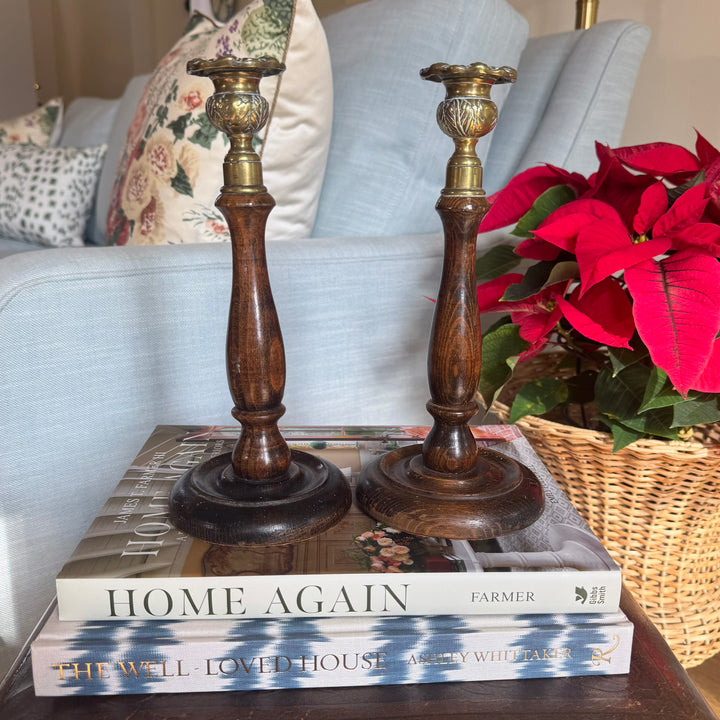 Pair of Antique English Oak and Brass Candlesticks