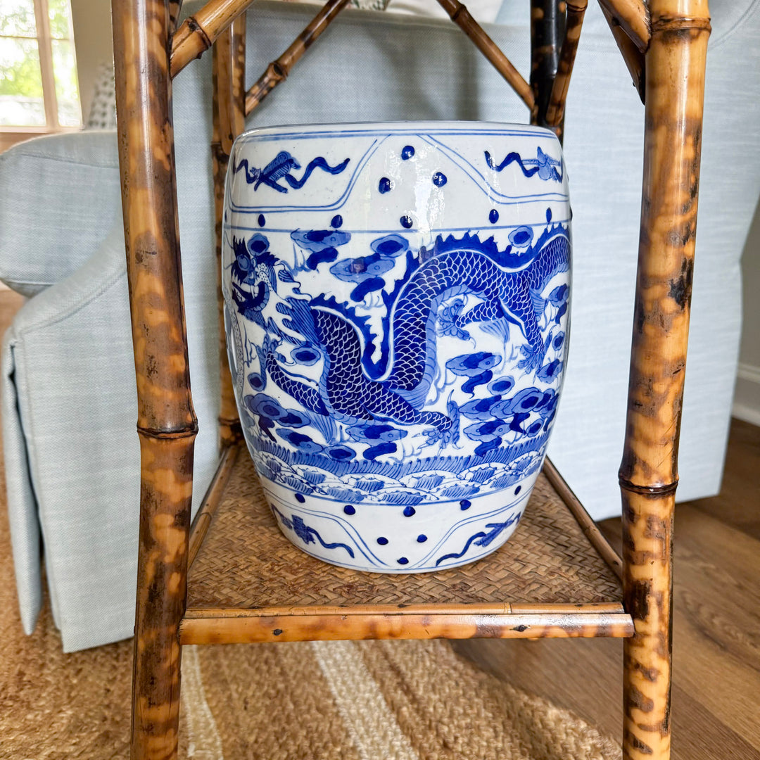 Petite Blue and White Chinoiserie Dragon Garden Stool