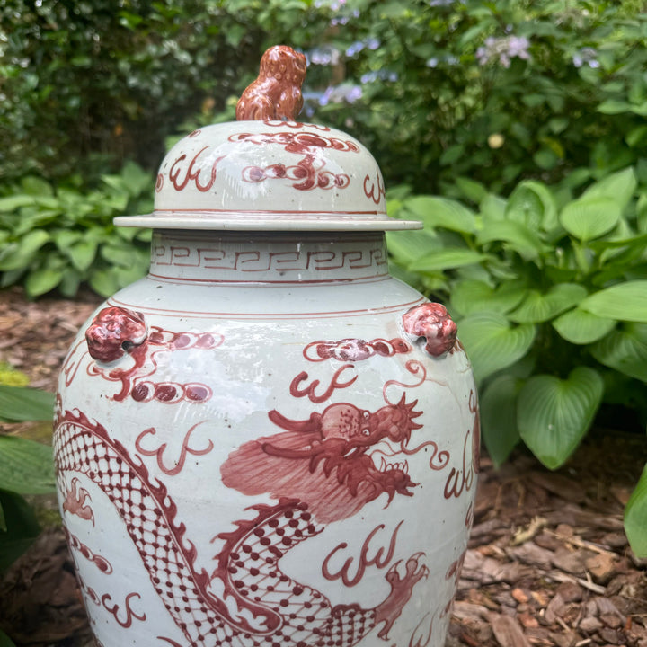 Red and White Dragon Motif Temple Jar