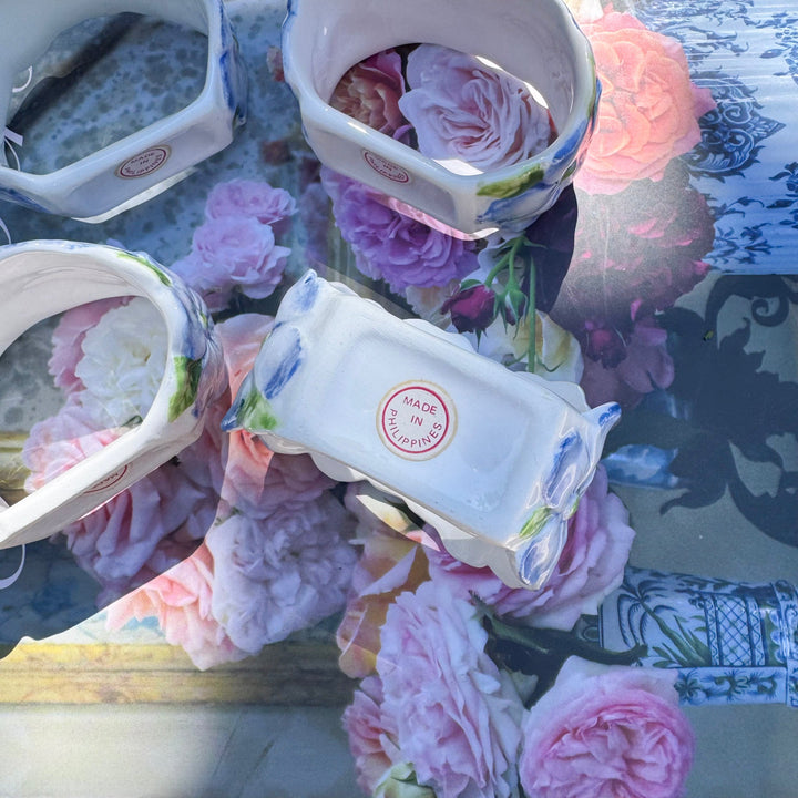 Set of Four Vintage Blue Hydrangea Napkin Ring Holders