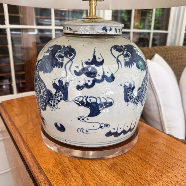 The June Lamp - Blue and White Dragon Ginger Jar Lamp