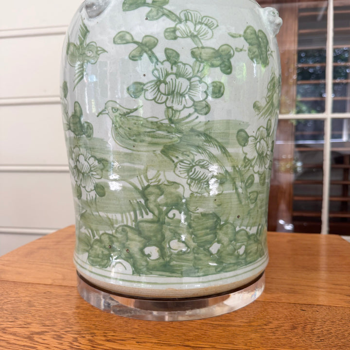 Green and White Floral Temple Jar Lamp