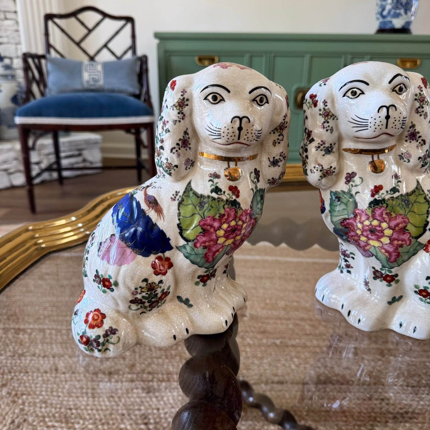 Pair of Large Tobacco Leaf Staffordshire-Style Dog Figurines