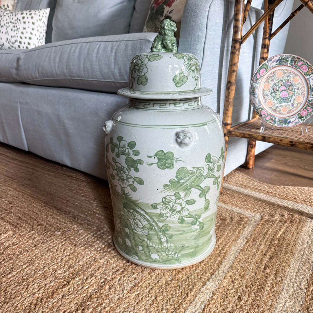 Green and White Porcelain Floral Temple Jar