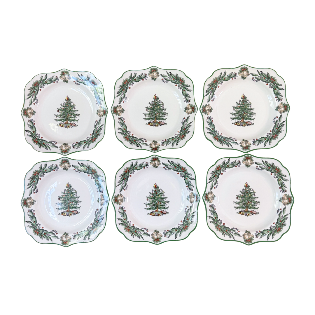 Set of Six Spode Christmas Tree Garland Square Salad Plates