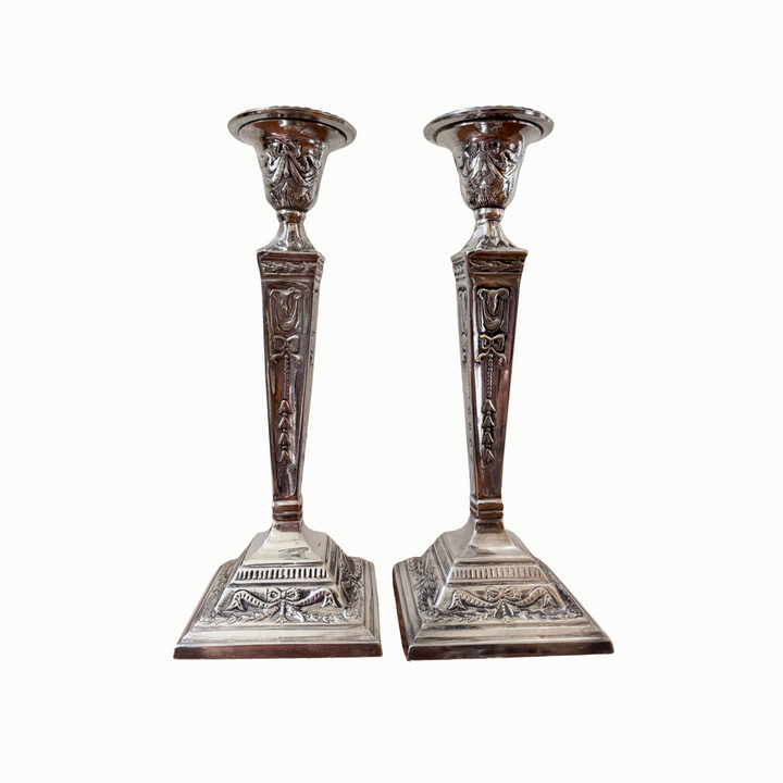 Silver-Plate Candlesticks with Bows and Swags