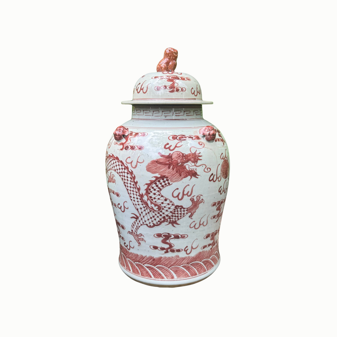 Red and White Dragon Motif Temple Jar