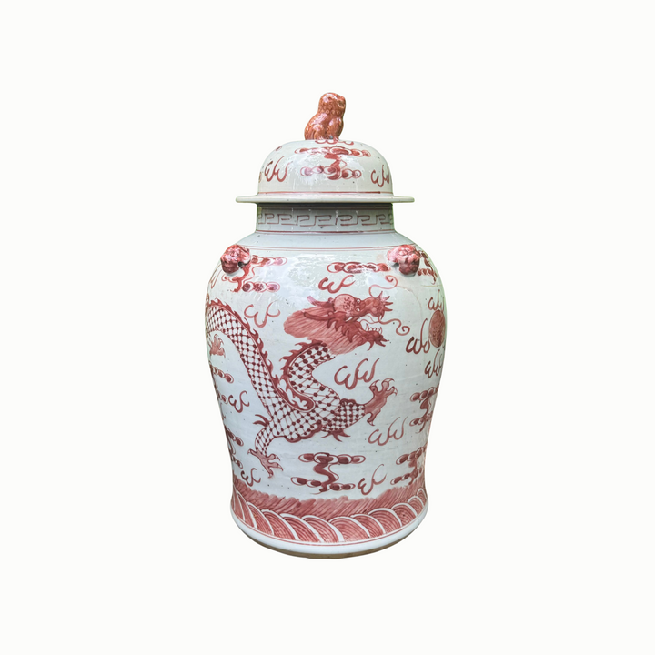 Red and White Dragon Motif Temple Jar