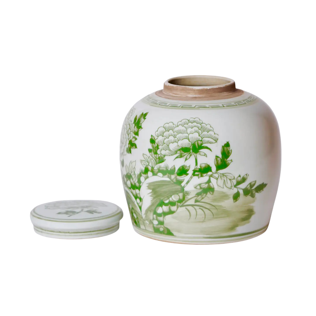 Green and White Peony Ginger Jar