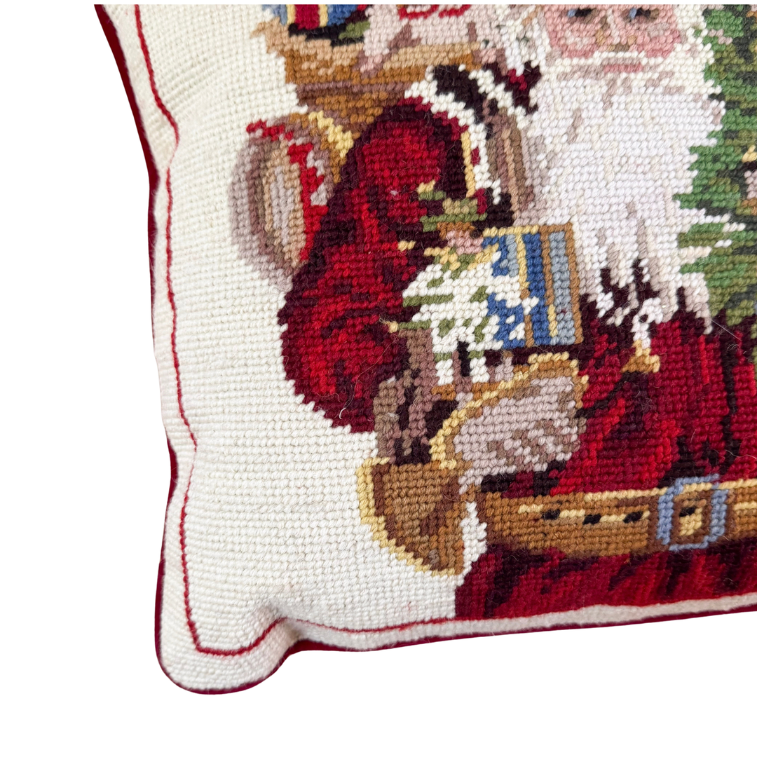 Vintage Santa and Christmas Tree Needlepoint Pillow