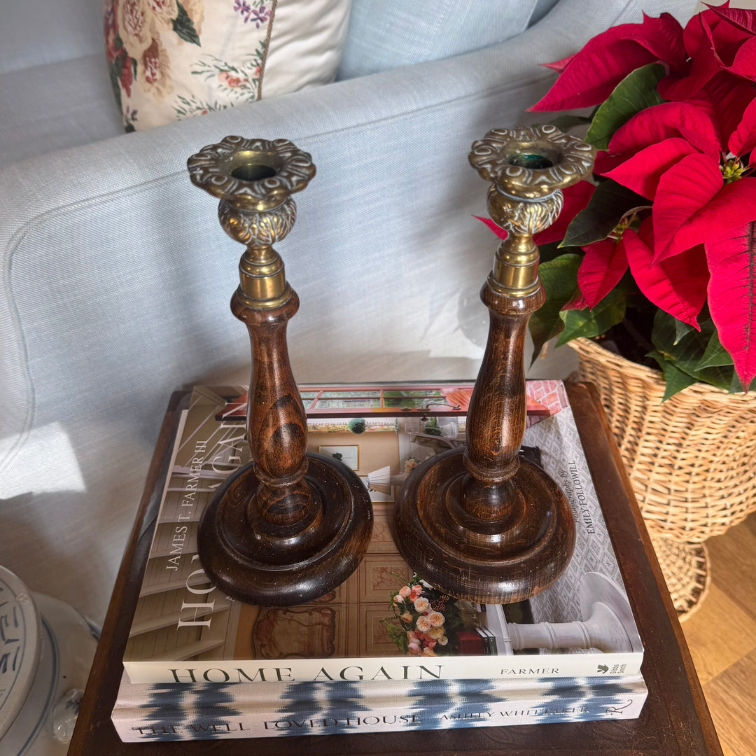 Pair of Antique English Oak and Brass Candlesticks