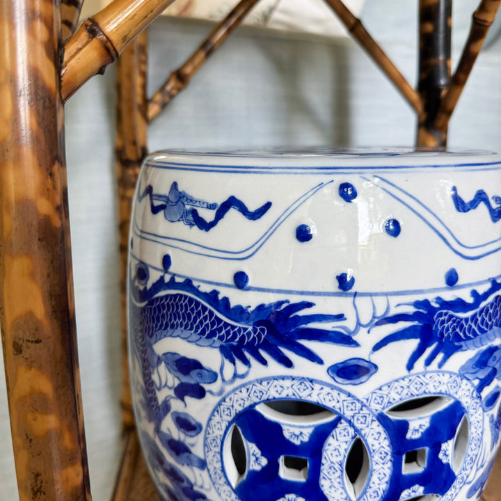 Petite Blue and White Chinoiserie Dragon Garden Stool